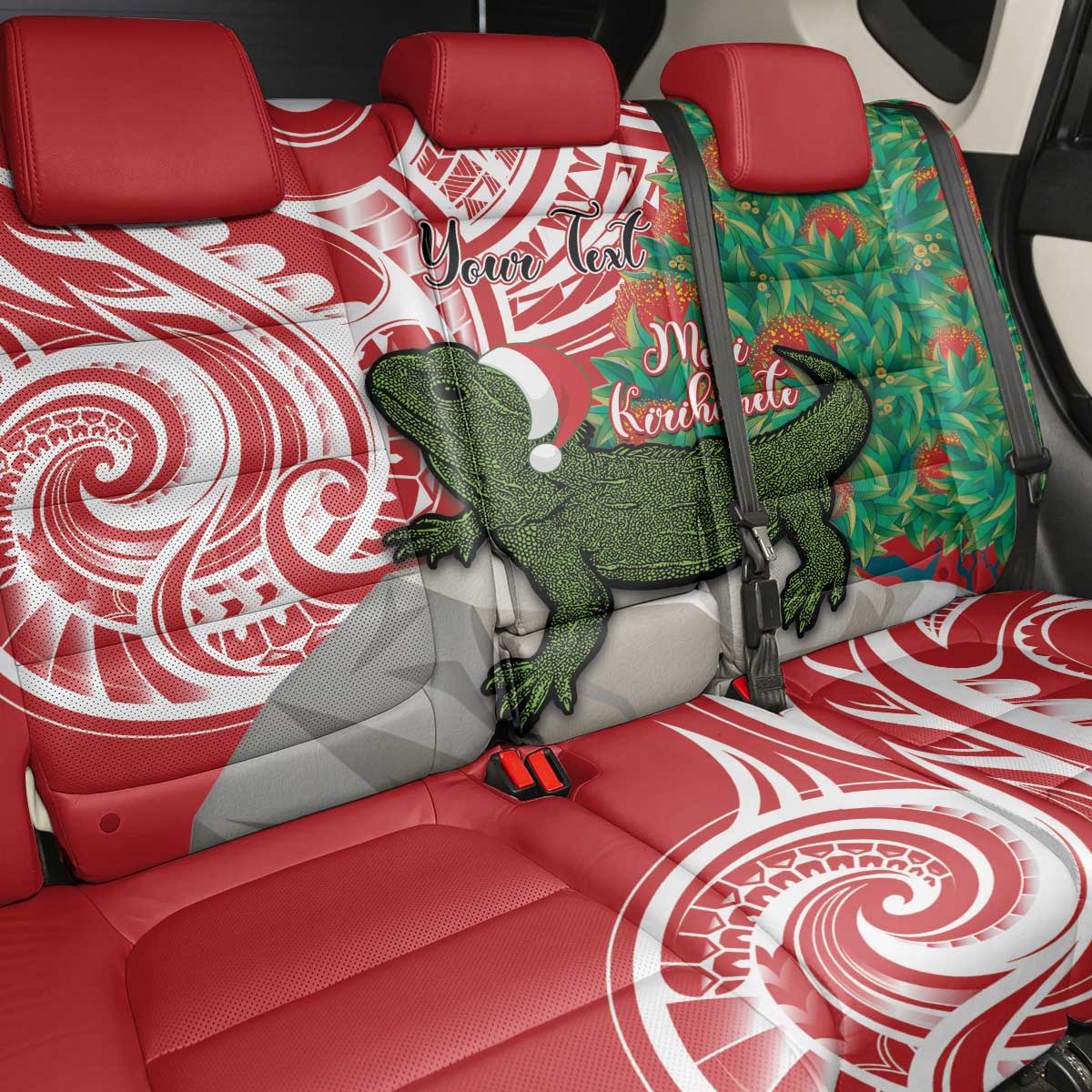 Personalised New Zealand Tuatara Christmas Back Car Seat Cover Meri Kirihimete Aotearoa Maori Mix Pohutukawa LT14 - Polynesian Pride