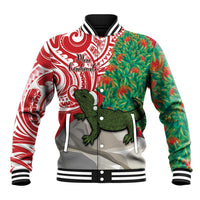 Personalised New Zealand Tuatara Christmas Baseball Jacket Meri Kirihimete Aotearoa Maori Mix Pohutukawa LT14 Unisex Red - Polynesian Pride