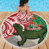 Personalised New Zealand Tuatara Christmas Beach Blanket Meri Kirihimete Aotearoa Maori Mix Pohutukawa LT14 - Polynesian Pride