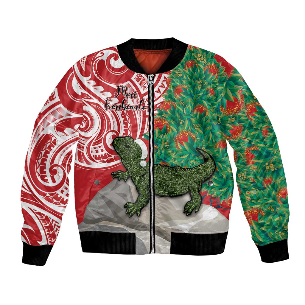 Personalised New Zealand Tuatara Christmas Bomber Jacket Meri Kirihimete Aotearoa Maori Mix Pohutukawa LT14 Unisex Red - Polynesian Pride
