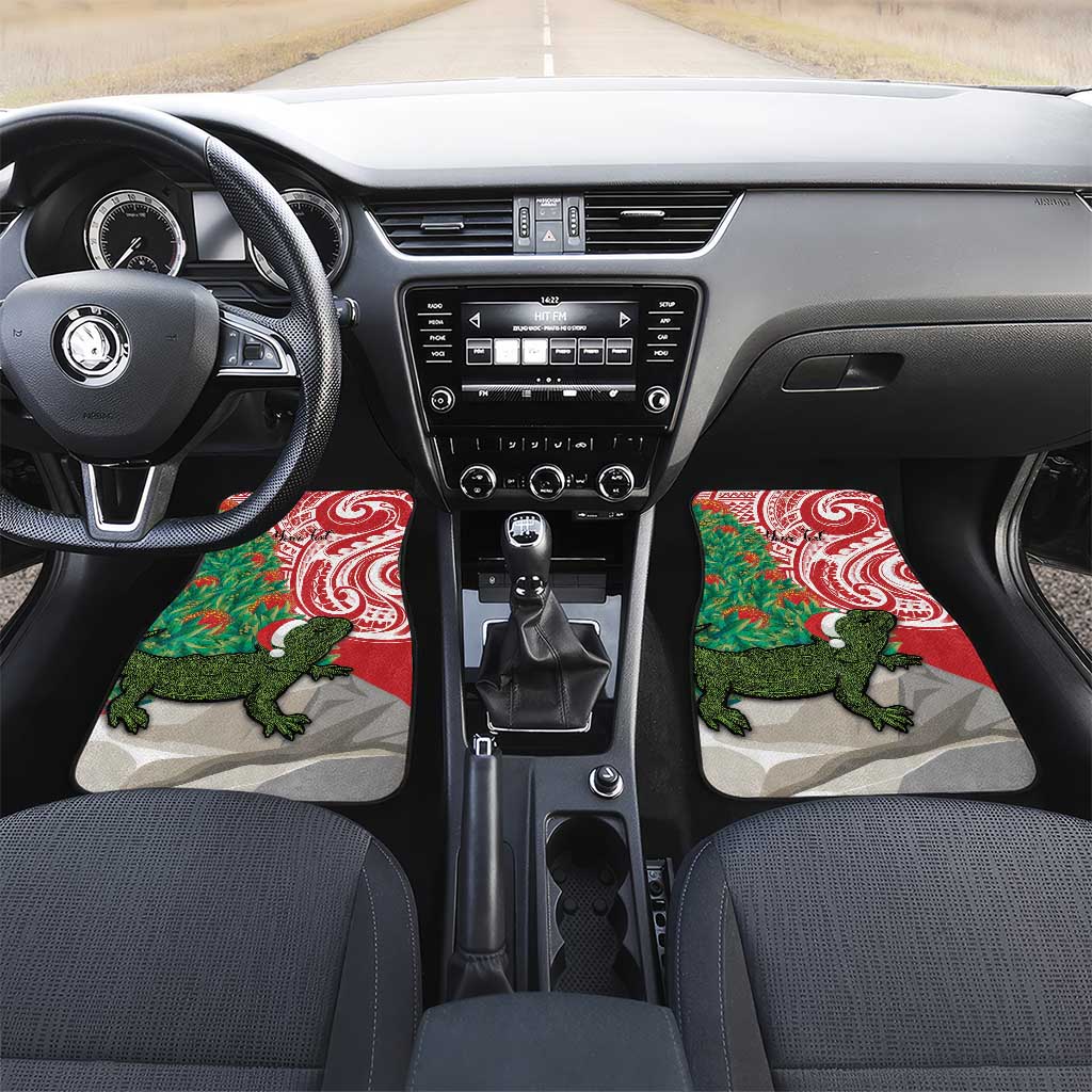 Personalised New Zealand Tuatara Christmas Car Mats Meri Kirihimete Aotearoa Maori Mix Pohutukawa LT14 Set 2pcs - Front Red - Polynesian Pride