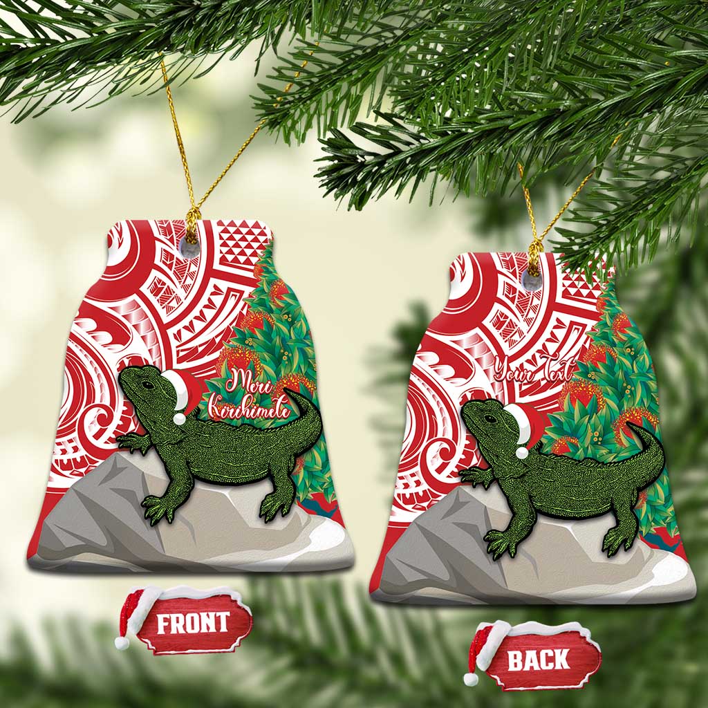 Personalised New Zealand Tuatara Christmas Ceramic Ornament Meri Kirihimete Aotearoa Maori Mix Pohutukawa LT14 Bell Flake Red - Polynesian Pride