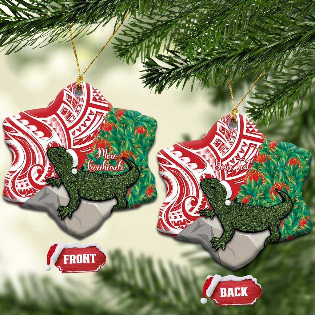 Personalised New Zealand Tuatara Christmas Ceramic Ornament Meri Kirihimete Aotearoa Maori Mix Pohutukawa LT14 Snow Flake Red - Polynesian Pride