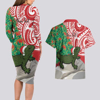 Personalised New Zealand Tuatara Christmas Couples Matching Long Sleeve Bodycon Dress and Hawaiian Shirt Meri Kirihimete Aotearoa Maori Mix Pohutukawa LT14 - Polynesian Pride
