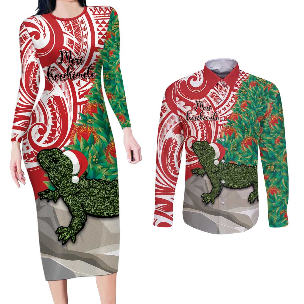 Personalised New Zealand Tuatara Christmas Couples Matching Long Sleeve Bodycon Dress and Long Sleeve Button Shirt Meri Kirihimete Aotearoa Maori Mix Pohutukawa LT14 Red - Polynesian Pride