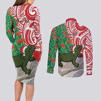 Personalised New Zealand Tuatara Christmas Couples Matching Long Sleeve Bodycon Dress and Long Sleeve Button Shirt Meri Kirihimete Aotearoa Maori Mix Pohutukawa LT14 - Polynesian Pride