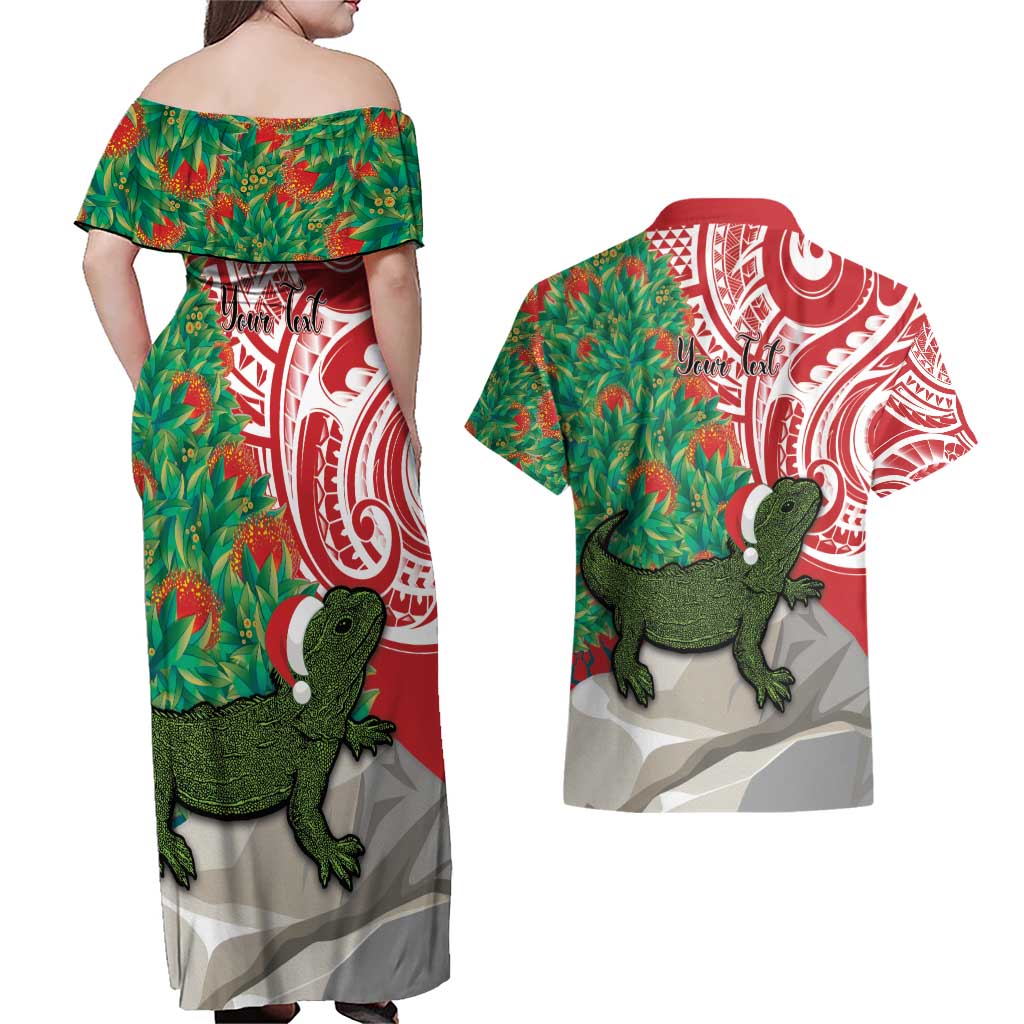 Personalised New Zealand Tuatara Christmas Couples Matching Off Shoulder Maxi Dress and Hawaiian Shirt Meri Kirihimete Aotearoa Maori Mix Pohutukawa LT14 - Polynesian Pride