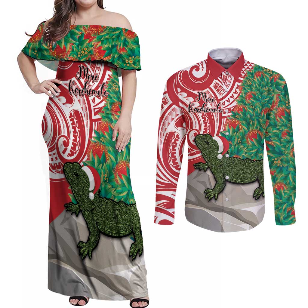 Personalised New Zealand Tuatara Christmas Couples Matching Off Shoulder Maxi Dress and Long Sleeve Button Shirt Meri Kirihimete Aotearoa Maori Mix Pohutukawa LT14 Red - Polynesian Pride