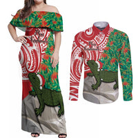 Personalised New Zealand Tuatara Christmas Couples Matching Off Shoulder Maxi Dress and Long Sleeve Button Shirt Meri Kirihimete Aotearoa Maori Mix Pohutukawa LT14 Red - Polynesian Pride