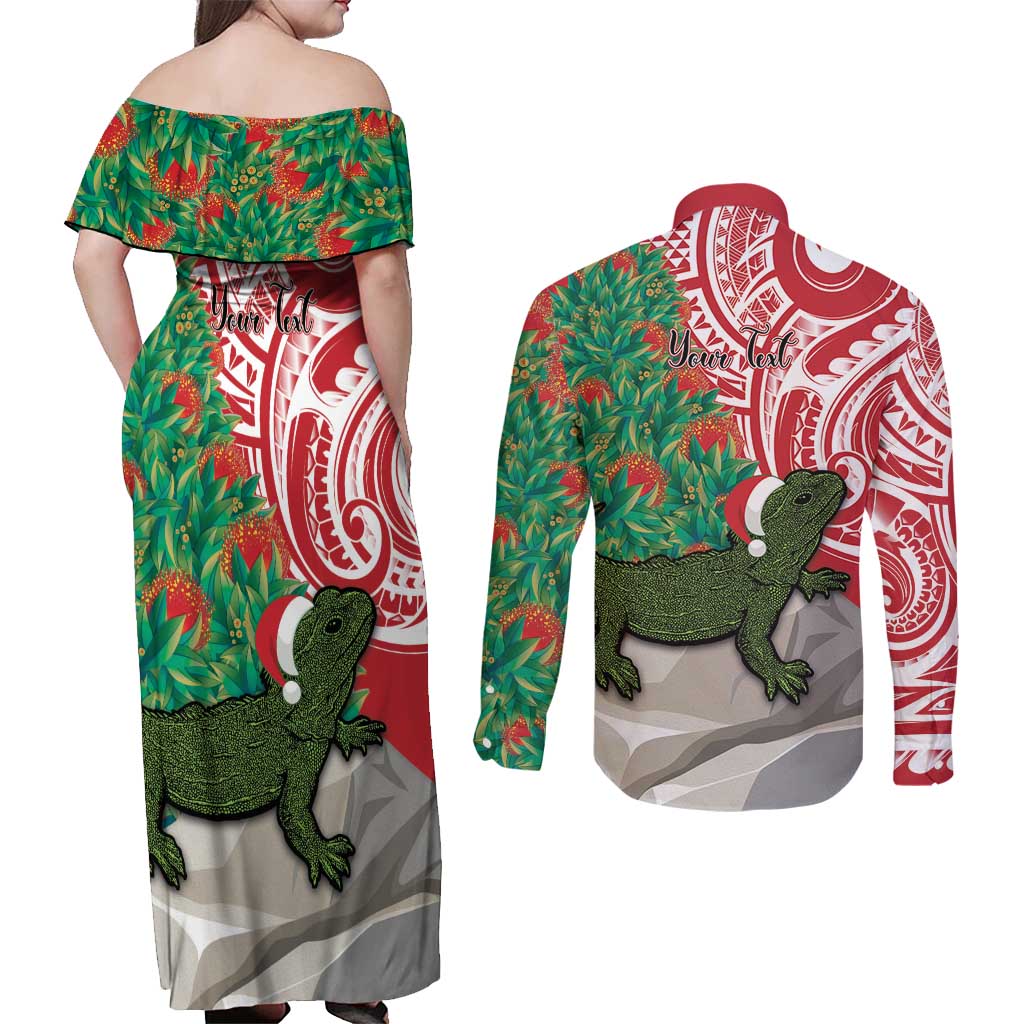 Personalised New Zealand Tuatara Christmas Couples Matching Off Shoulder Maxi Dress and Long Sleeve Button Shirt Meri Kirihimete Aotearoa Maori Mix Pohutukawa LT14 - Polynesian Pride