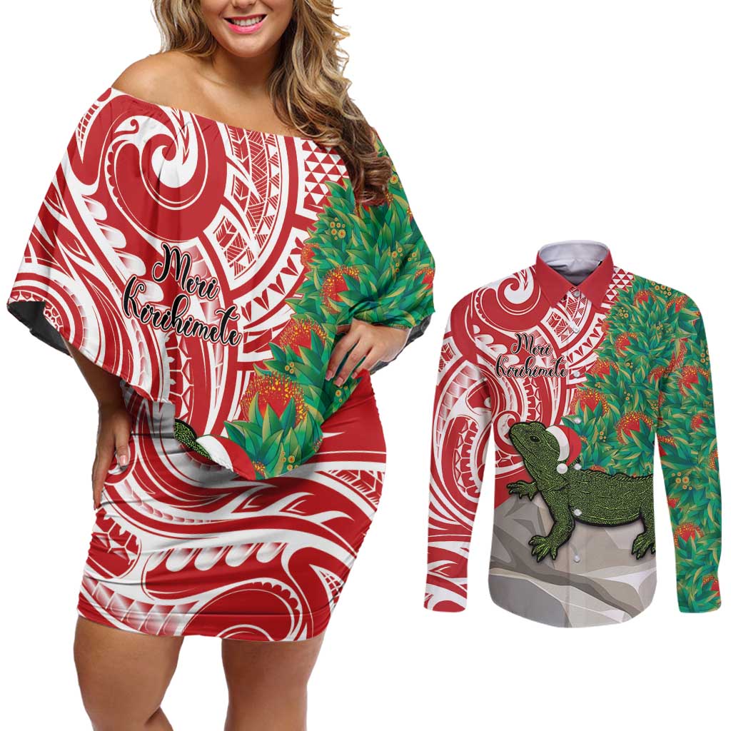 Personalised New Zealand Tuatara Christmas Couples Matching Off Shoulder Short Dress and Long Sleeve Button Shirt Meri Kirihimete Aotearoa Maori Mix Pohutukawa LT14 Red - Polynesian Pride