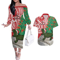 Personalised New Zealand Tuatara Christmas Couples Matching Off The Shoulder Long Sleeve Dress and Hawaiian Shirt Meri Kirihimete Aotearoa Maori Mix Pohutukawa LT14 Red - Polynesian Pride