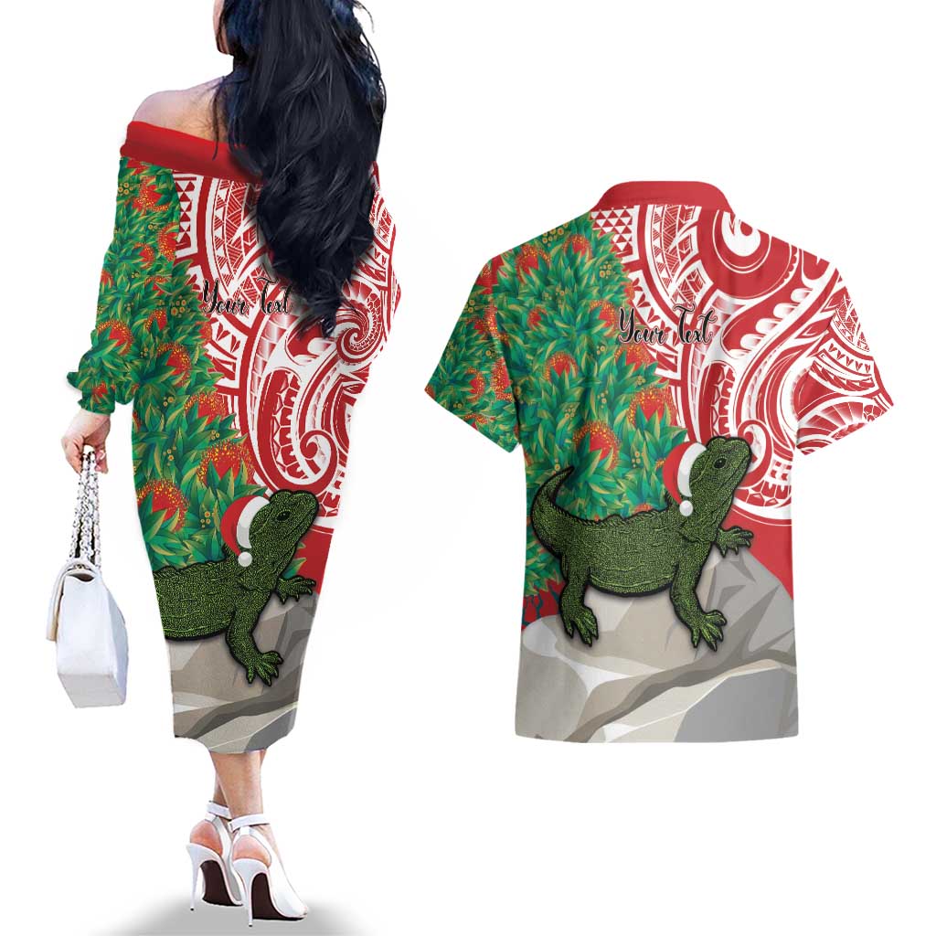 Personalised New Zealand Tuatara Christmas Couples Matching Off The Shoulder Long Sleeve Dress and Hawaiian Shirt Meri Kirihimete Aotearoa Maori Mix Pohutukawa LT14 - Polynesian Pride