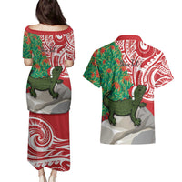 Personalised New Zealand Tuatara Christmas Couples Matching Puletasi and Hawaiian Shirt Meri Kirihimete Aotearoa Maori Mix Pohutukawa LT14 - Polynesian Pride