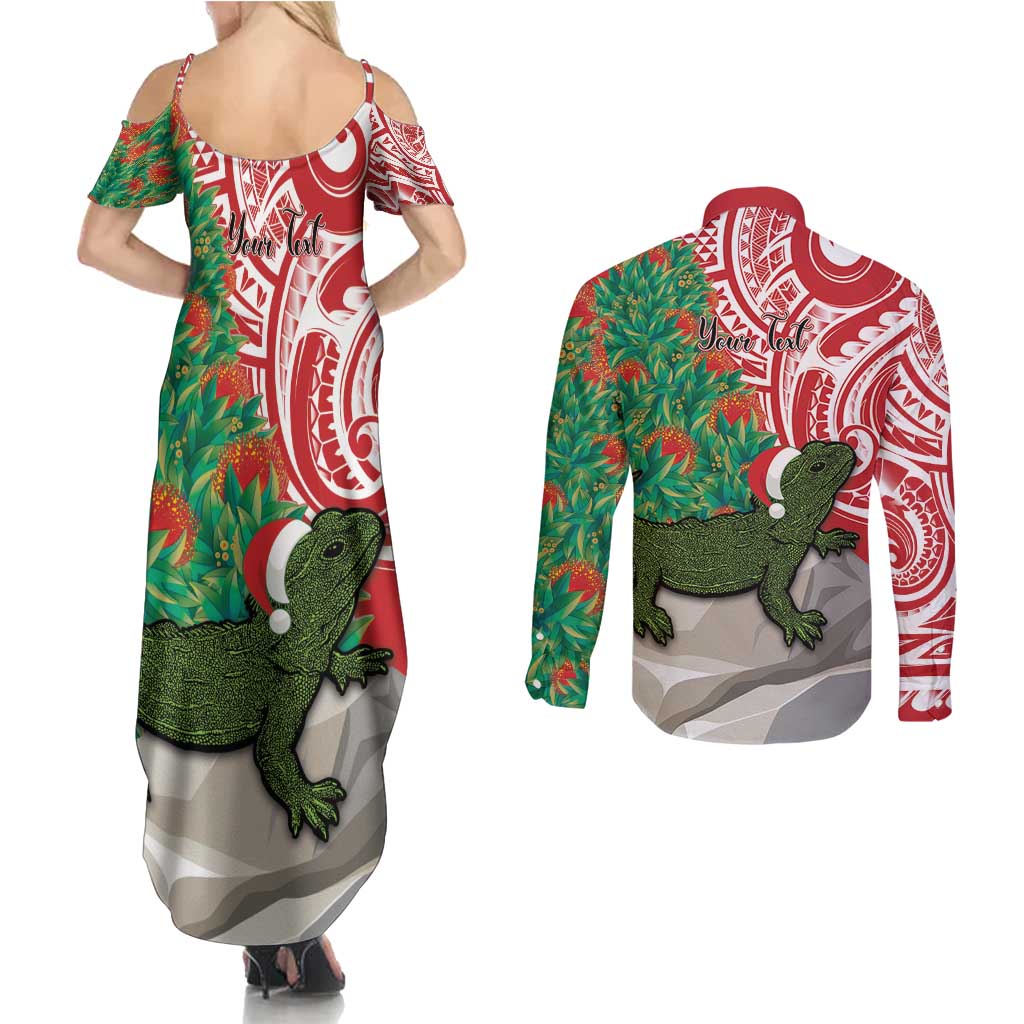 Personalised New Zealand Tuatara Christmas Couples Matching Summer Maxi Dress and Long Sleeve Button Shirt Meri Kirihimete Aotearoa Maori Mix Pohutukawa LT14 - Polynesian Pride