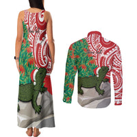 Personalised New Zealand Tuatara Christmas Couples Matching Tank Maxi Dress and Long Sleeve Button Shirt Meri Kirihimete Aotearoa Maori Mix Pohutukawa LT14 - Polynesian Pride