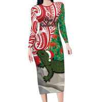 Personalised New Zealand Tuatara Christmas Family Matching Long Sleeve Bodycon Dress and Hawaiian Shirt Meri Kirihimete Aotearoa Maori Mix Pohutukawa LT14 Mom's Dress Red - Polynesian Pride