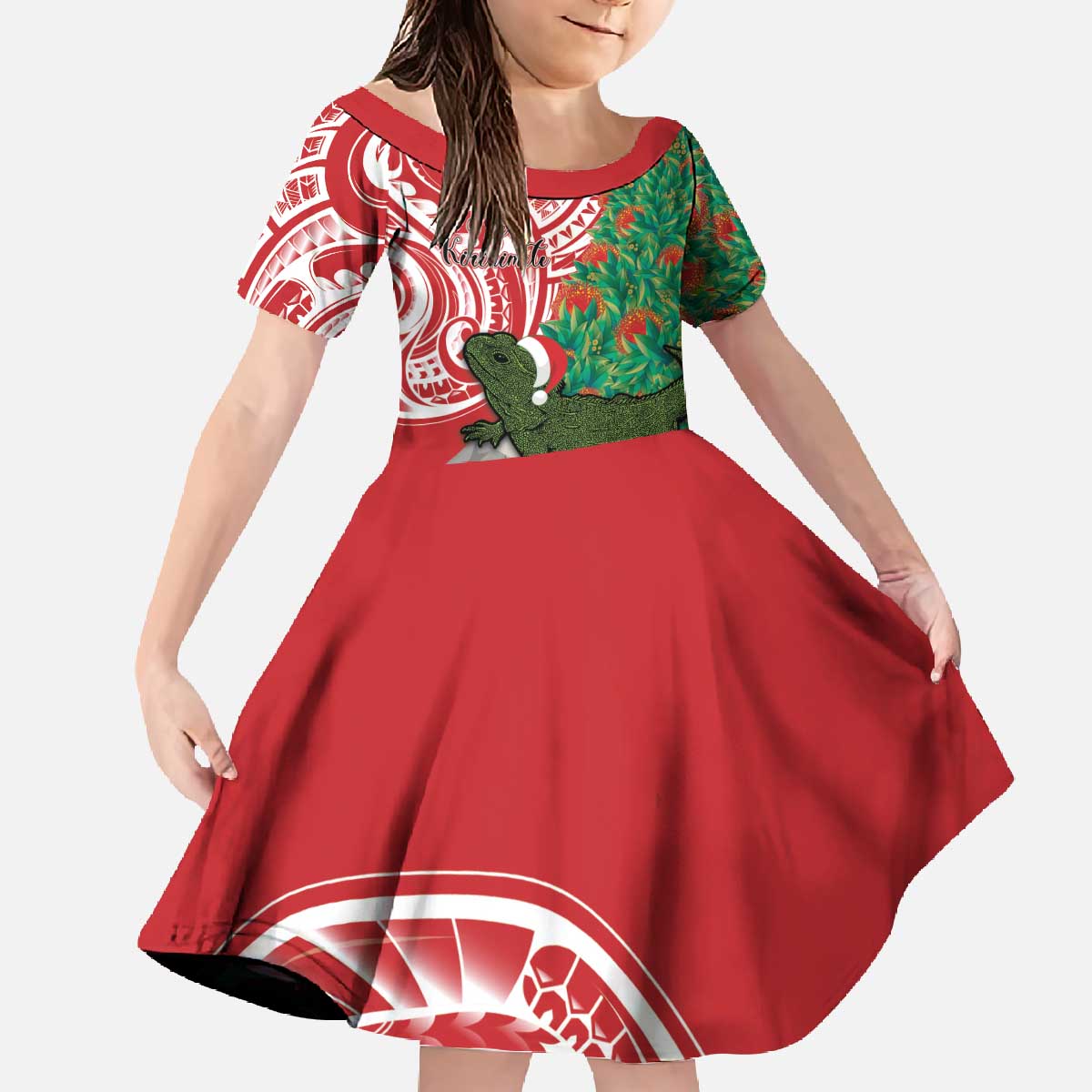 Personalised New Zealand Tuatara Christmas Family Matching Off The Shoulder Long Sleeve Dress and Hawaiian Shirt Meri Kirihimete Aotearoa Maori Mix Pohutukawa LT14 Daughter's Dress Red - Polynesian Pride
