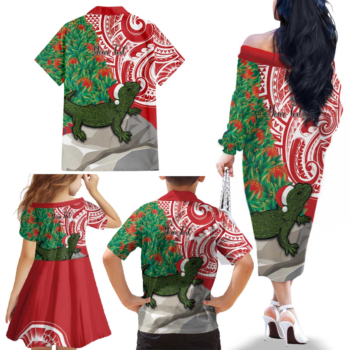 Personalised New Zealand Tuatara Christmas Family Matching Off The Shoulder Long Sleeve Dress and Hawaiian Shirt Meri Kirihimete Aotearoa Maori Mix Pohutukawa LT14 - Polynesian Pride