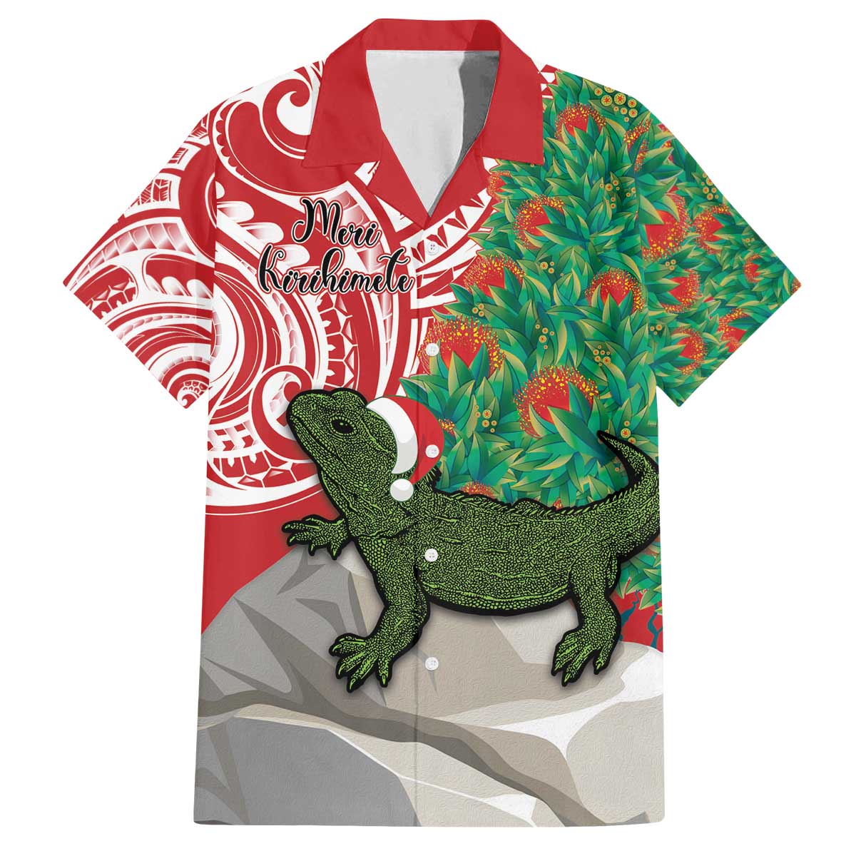 Personalised New Zealand Tuatara Christmas Family Matching Off The Shoulder Long Sleeve Dress and Hawaiian Shirt Meri Kirihimete Aotearoa Maori Mix Pohutukawa LT14 Dad's Shirt - Short Sleeve Red - Polynesian Pride