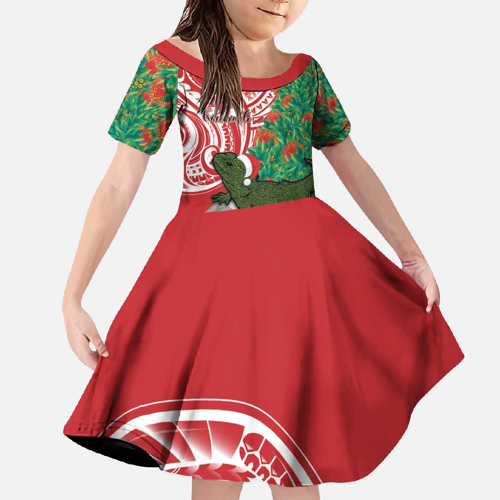 Personalised New Zealand Tuatara Christmas Family Matching Off Shoulder Maxi Dress and Hawaiian Shirt Meri Kirihimete Aotearoa Maori Mix Pohutukawa LT14 Daughter's Dress Red - Polynesian Pride