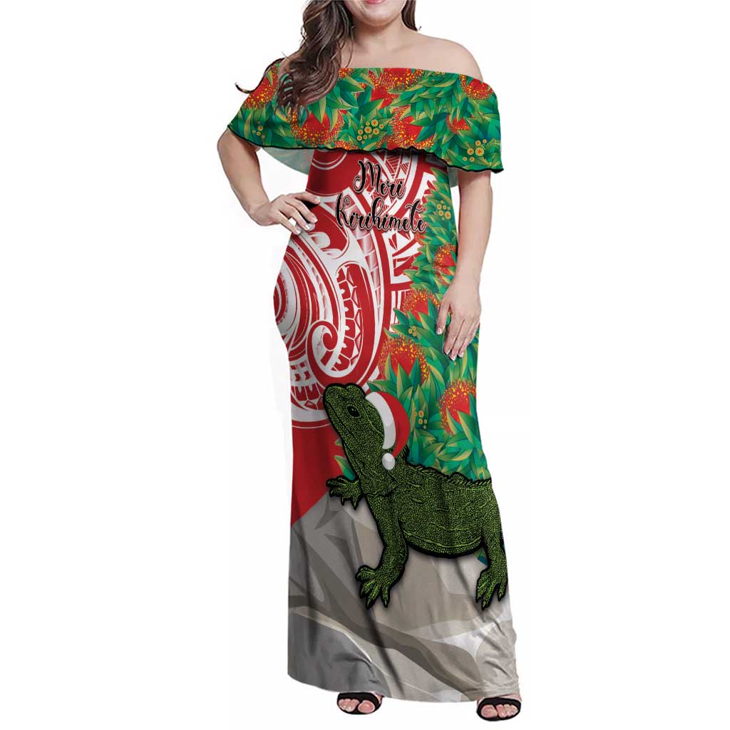 Personalised New Zealand Tuatara Christmas Family Matching Off Shoulder Maxi Dress and Hawaiian Shirt Meri Kirihimete Aotearoa Maori Mix Pohutukawa LT14 Mom's Dress Red - Polynesian Pride