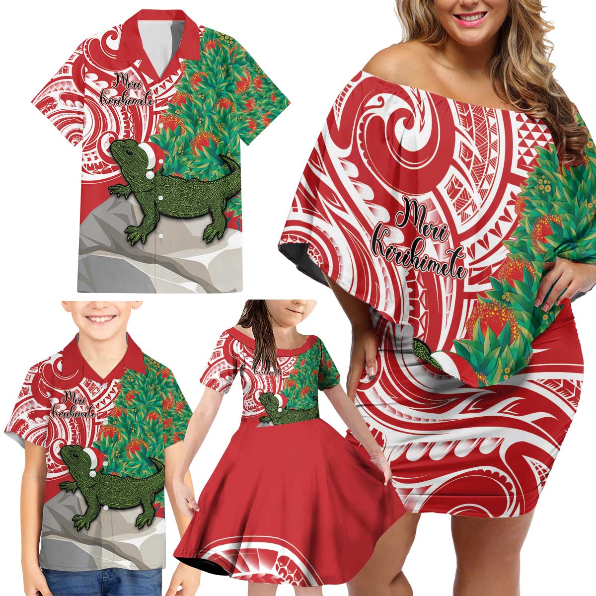 Personalised New Zealand Tuatara Christmas Family Matching Off Shoulder Short Dress and Hawaiian Shirt Meri Kirihimete Aotearoa Maori Mix Pohutukawa LT14 - Polynesian Pride