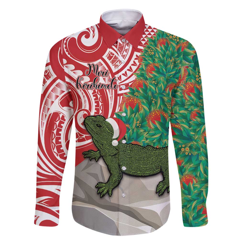 Personalised New Zealand Tuatara Christmas Family Matching Puletasi and Hawaiian Shirt Meri Kirihimete Aotearoa Maori Mix Pohutukawa LT14 Dad's Shirt - Long Sleeve Red - Polynesian Pride