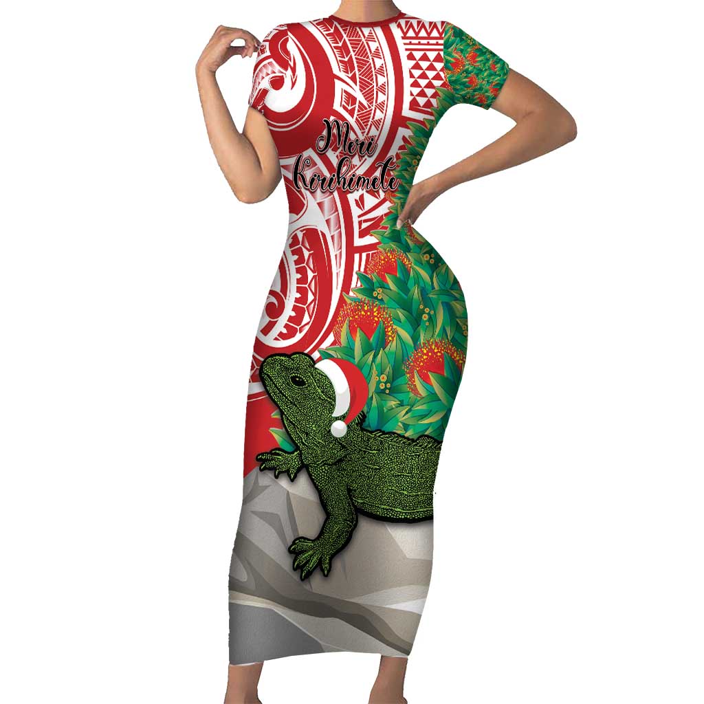 Personalised New Zealand Tuatara Christmas Family Matching Short Sleeve Bodycon Dress and Hawaiian Shirt Meri Kirihimete Aotearoa Maori Mix Pohutukawa LT14 Mom's Dress Red - Polynesian Pride