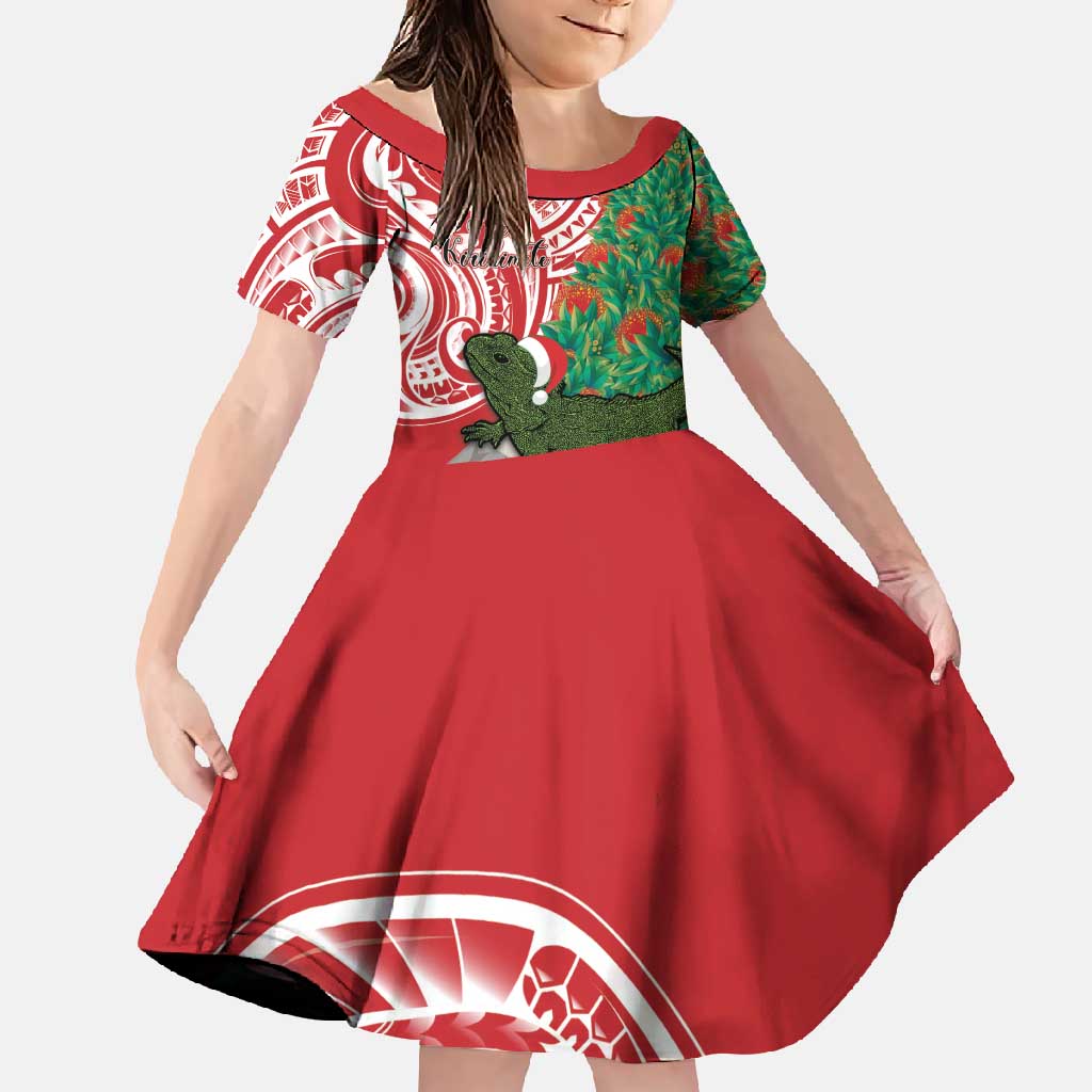 Personalised New Zealand Tuatara Christmas Family Matching Summer Maxi Dress and Hawaiian Shirt Meri Kirihimete Aotearoa Maori Mix Pohutukawa LT14 Daughter's Dress Red - Polynesian Pride