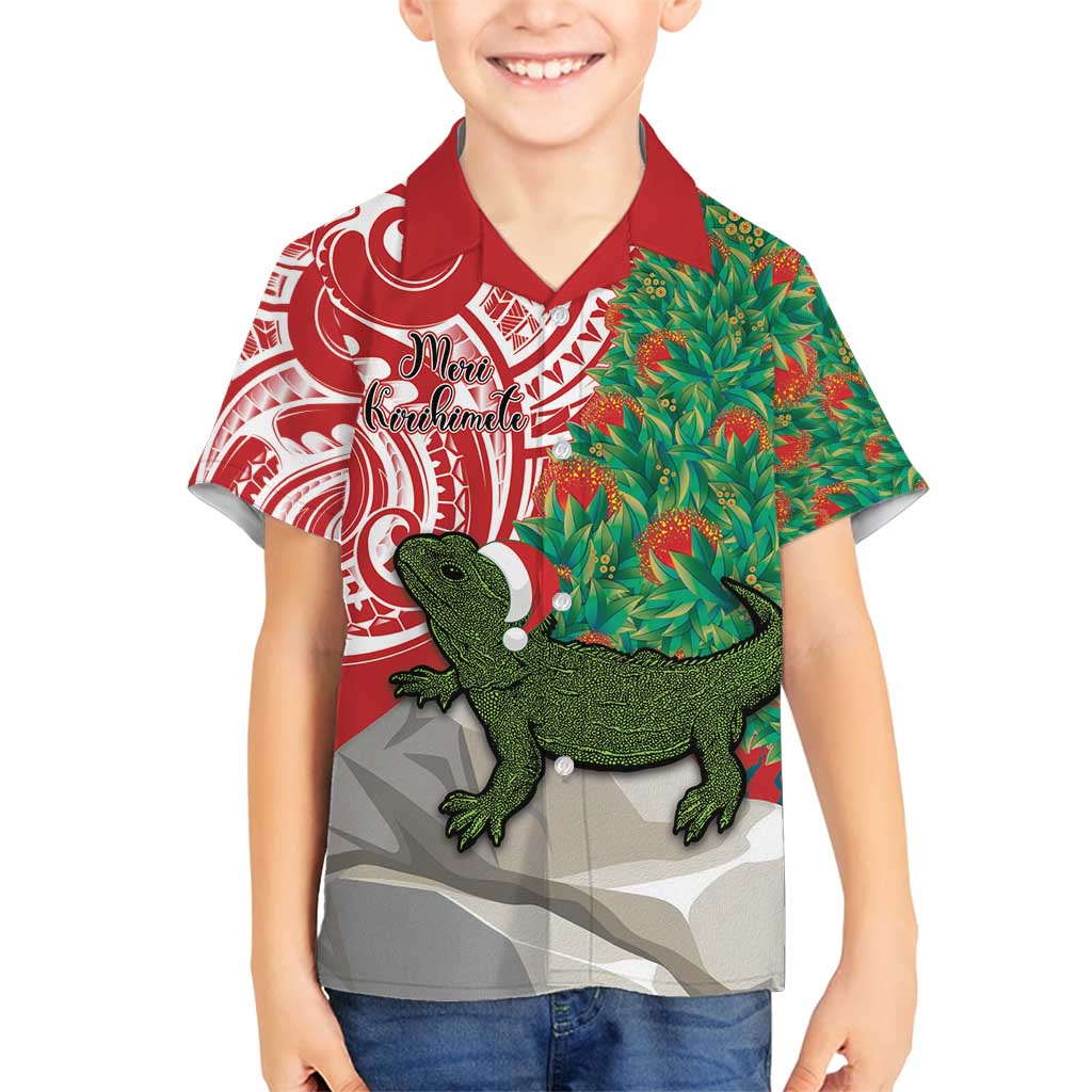Personalised New Zealand Tuatara Christmas Family Matching Tank Maxi Dress and Hawaiian Shirt Meri Kirihimete Aotearoa Maori Mix Pohutukawa LT14 Son's Shirt Red - Polynesian Pride