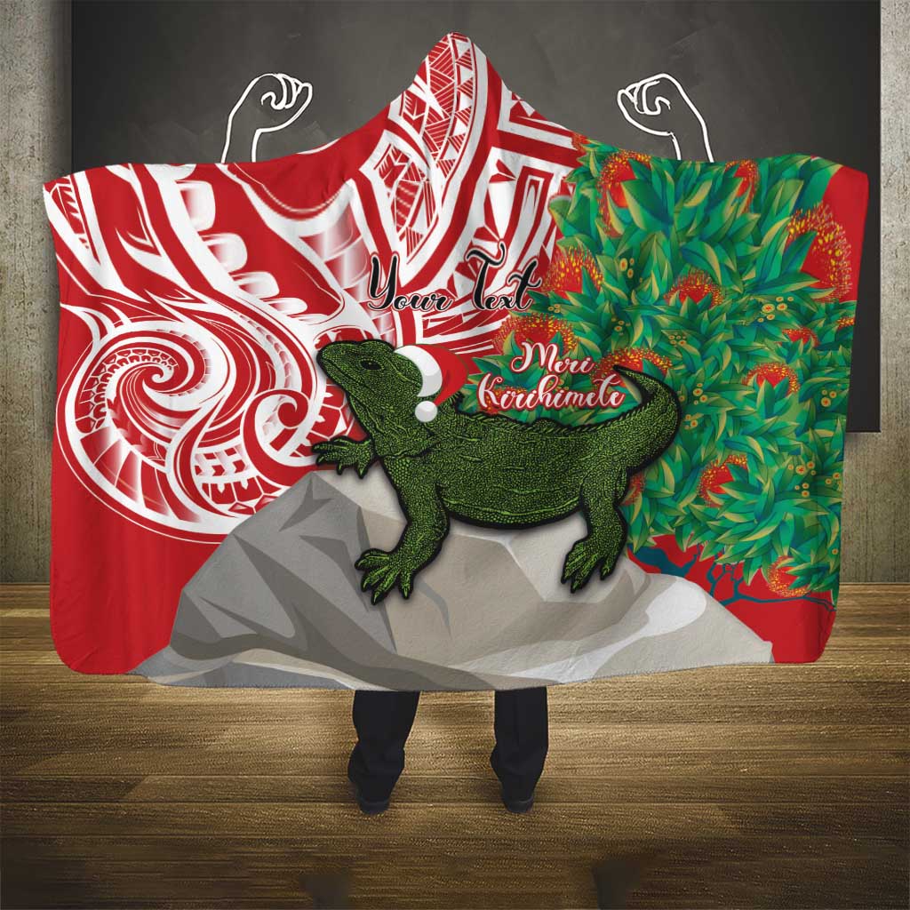 Personalised New Zealand Tuatara Christmas Hooded Blanket Meri Kirihimete Aotearoa Maori Mix Pohutukawa LT14 - Polynesian Pride