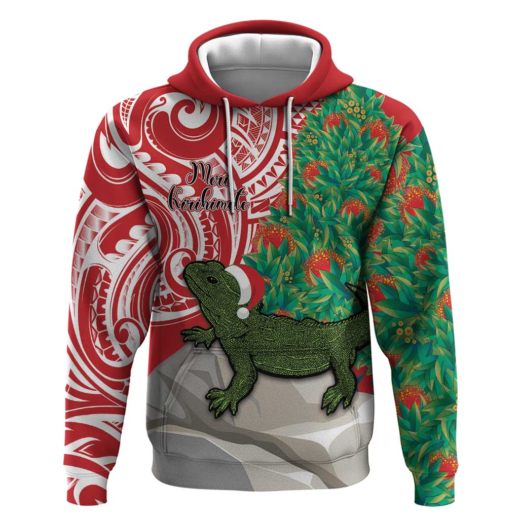 Personalised New Zealand Tuatara Christmas Hoodie Meri Kirihimete Aotearoa Maori Mix Pohutukawa LT14 Pullover Hoodie Red - Polynesian Pride