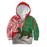 Personalised New Zealand Tuatara Christmas Kid Hoodie Meri Kirihimete Aotearoa Maori Mix Pohutukawa LT14 Zip Hoodie Red - Polynesian Pride