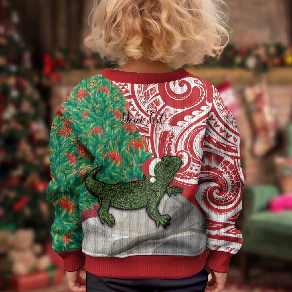 Personalised New Zealand Tuatara Christmas Kid Ugly Christmas Sweater Meri Kirihimete Aotearoa Maori Mix Pohutukawa LT14 - Polynesian Pride