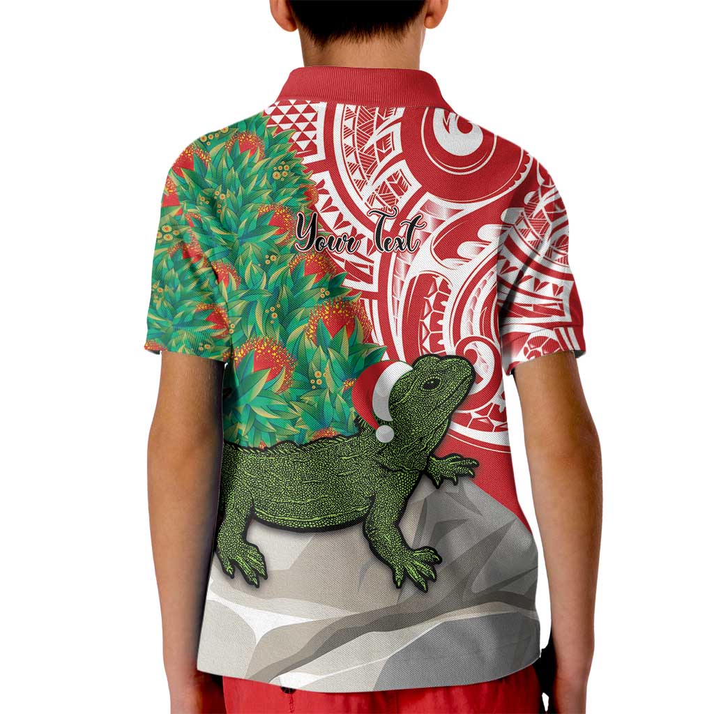 Personalised New Zealand Tuatara Christmas Kid Polo Shirt Meri Kirihimete Aotearoa Maori Mix Pohutukawa LT14 - Polynesian Pride