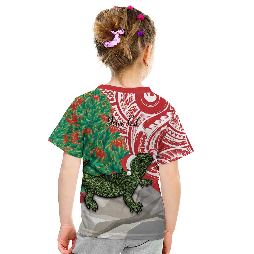 Personalised New Zealand Tuatara Christmas Kid T Shirt Meri Kirihimete Aotearoa Maori Mix Pohutukawa LT14 - Polynesian Pride