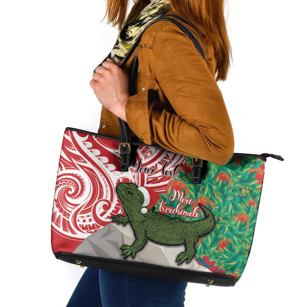 Personalised New Zealand Tuatara Christmas Leather Tote Bag Meri Kirihimete Aotearoa Maori Mix Pohutukawa LT14 Red - Polynesian Pride