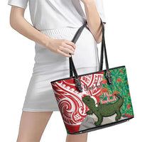 Personalised New Zealand Tuatara Christmas Leather Tote Bag Meri Kirihimete Aotearoa Maori Mix Pohutukawa LT14 - Polynesian Pride