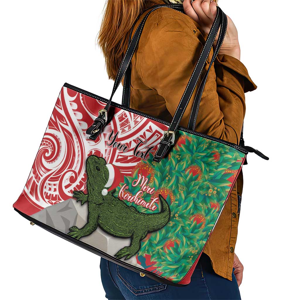 Personalised New Zealand Tuatara Christmas Leather Tote Bag Meri Kirihimete Aotearoa Maori Mix Pohutukawa LT14 - Polynesian Pride