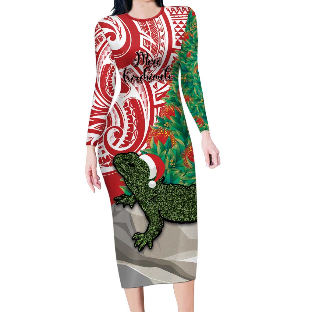 Personalised New Zealand Tuatara Christmas Long Sleeve Bodycon Dress Meri Kirihimete Aotearoa Maori Mix Pohutukawa LT14 Long Dress Red - Polynesian Pride