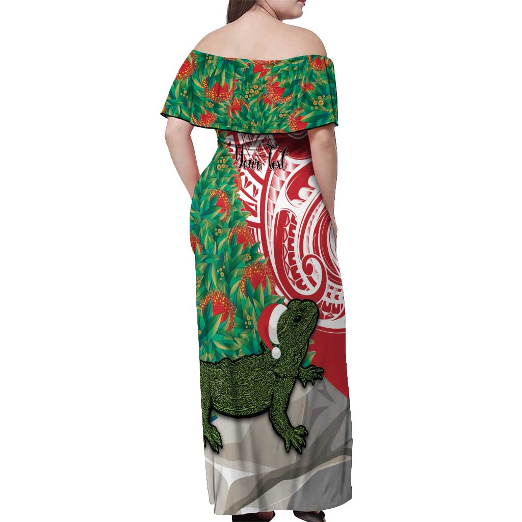 Personalised New Zealand Tuatara Christmas Off Shoulder Maxi Dress Meri Kirihimete Aotearoa Maori Mix Pohutukawa LT14 - Polynesian Pride