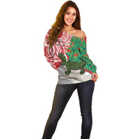 Personalised New Zealand Tuatara Christmas Off Shoulder Sweater Meri Kirihimete Aotearoa Maori Mix Pohutukawa LT14 - Polynesian Pride