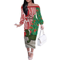 Personalised New Zealand Tuatara Christmas Off The Shoulder Long Sleeve Dress Meri Kirihimete Aotearoa Maori Mix Pohutukawa LT14 Women Red - Polynesian Pride