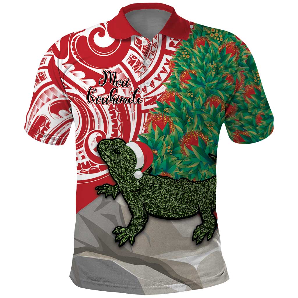 Personalised New Zealand Tuatara Christmas Polo Shirt Meri Kirihimete Aotearoa Maori Mix Pohutukawa LT14 Red - Polynesian Pride