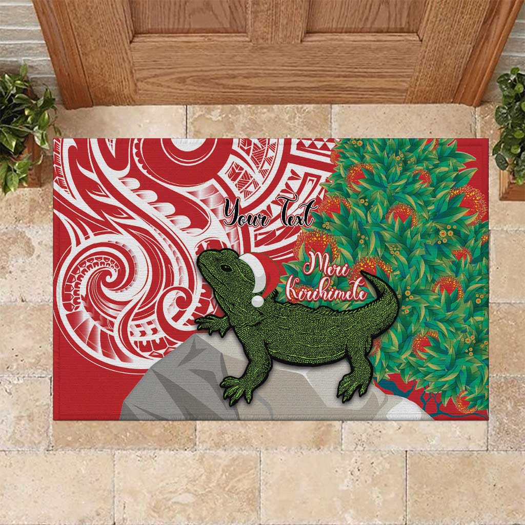 Personalised New Zealand Tuatara Christmas Rubber Doormat Meri Kirihimete Aotearoa Maori Mix Pohutukawa LT14 Red - Polynesian Pride