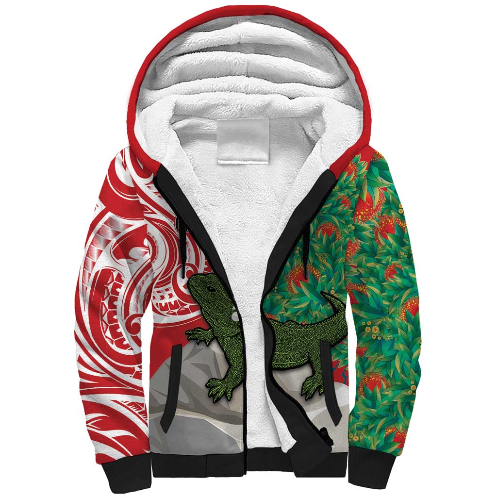 Personalised New Zealand Tuatara Christmas Sherpa Hoodie Meri Kirihimete Aotearoa Maori Mix Pohutukawa LT14 Unisex Red - Polynesian Pride