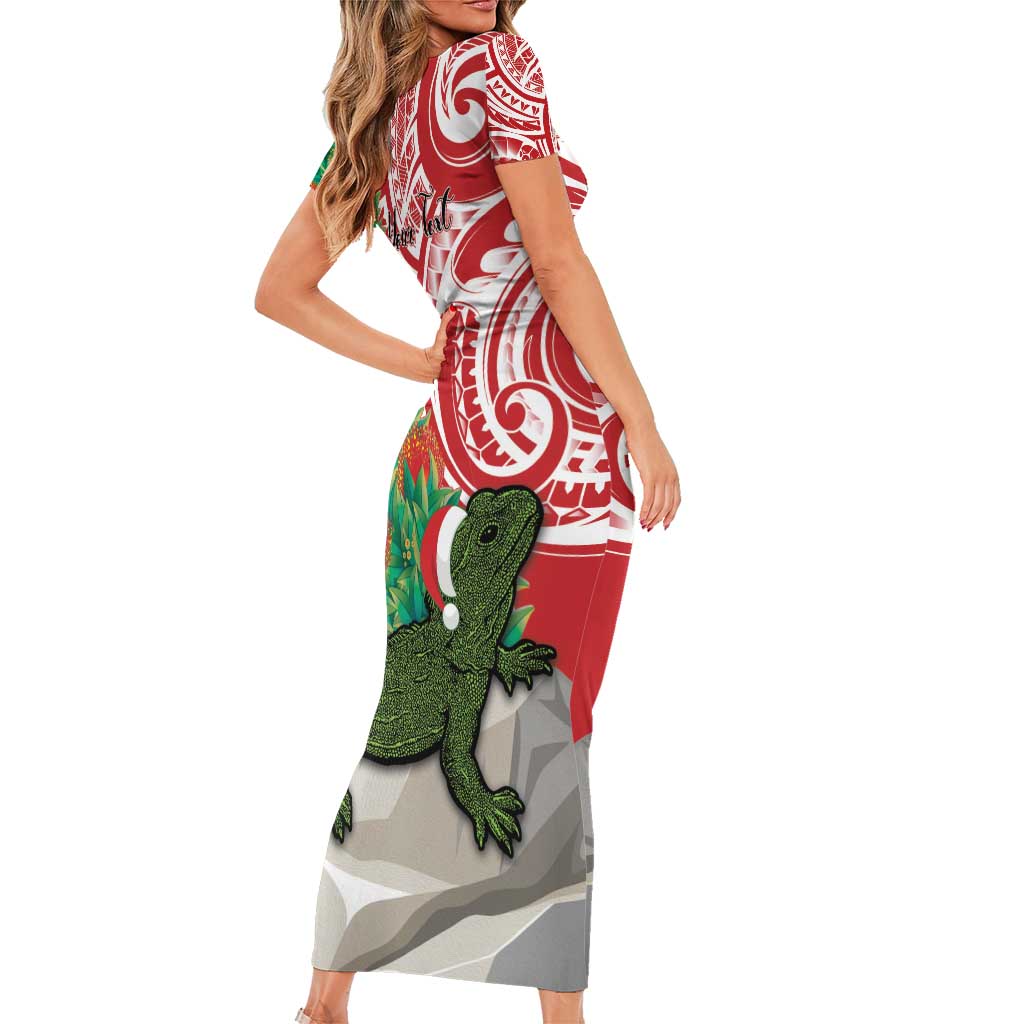 Personalised New Zealand Tuatara Christmas Short Sleeve Bodycon Dress Meri Kirihimete Aotearoa Maori Mix Pohutukawa LT14 - Polynesian Pride