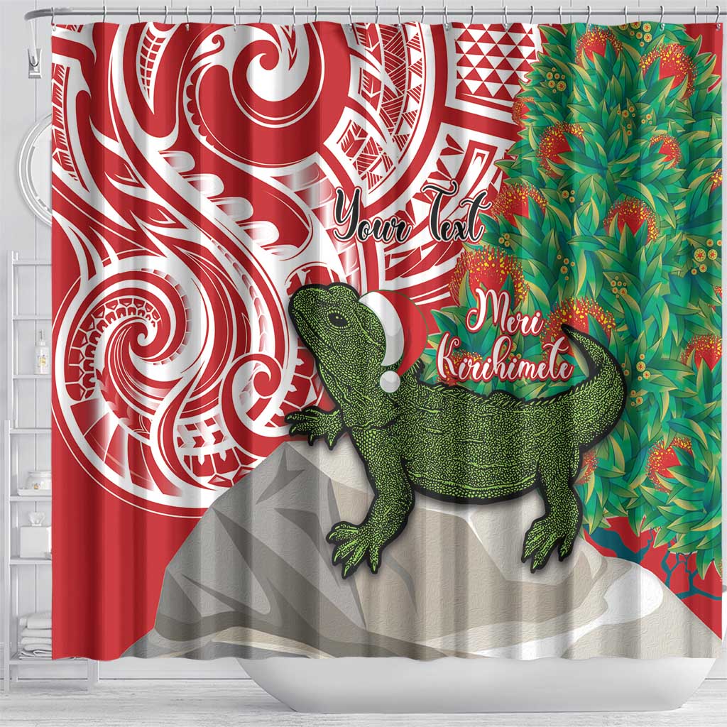 Personalised New Zealand Tuatara Christmas Shower Curtain Meri Kirihimete Aotearoa Maori Mix Pohutukawa LT14 - Polynesian Pride