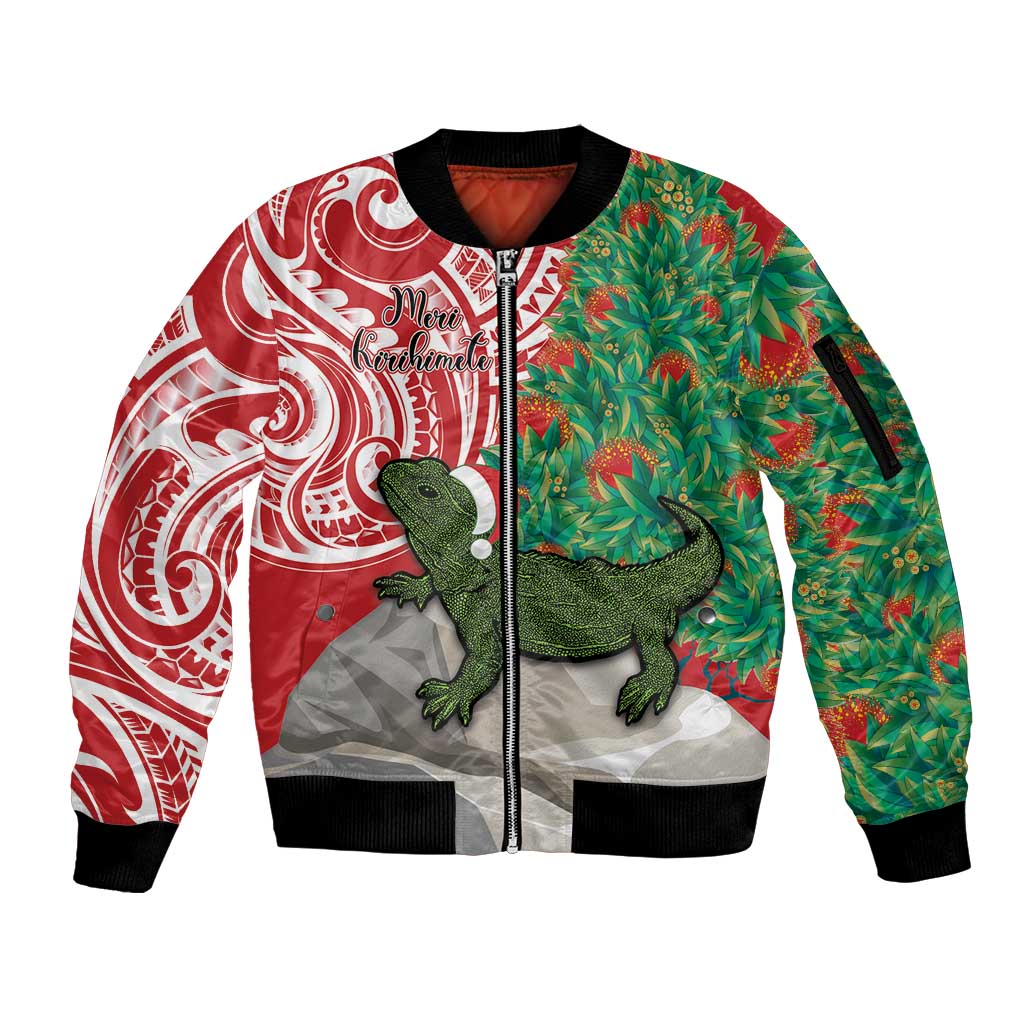 Personalised New Zealand Tuatara Christmas Sleeve Zip Bomber Jacket Meri Kirihimete Aotearoa Maori Mix Pohutukawa LT14 Unisex Red - Polynesian Pride
